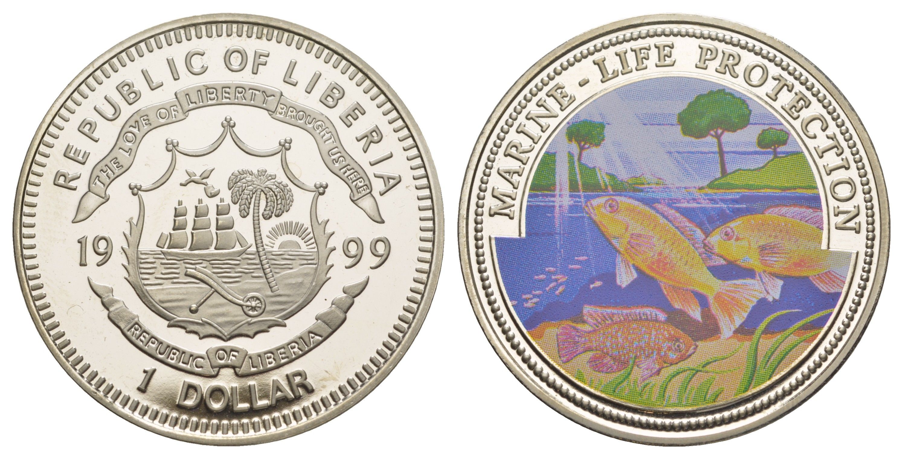 Либерия 1 доллар 1999 Защита морской жизни KM 531 медно-никель BU 1521-524