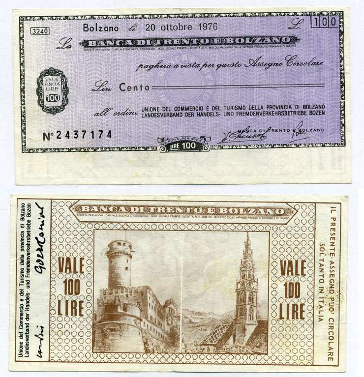 Италия чек на 100 лир 1976 Banca Di trento e bolzano, союз комерции и туризма bolzano, 20 октября 1976 бумага 8613-3-3-1
