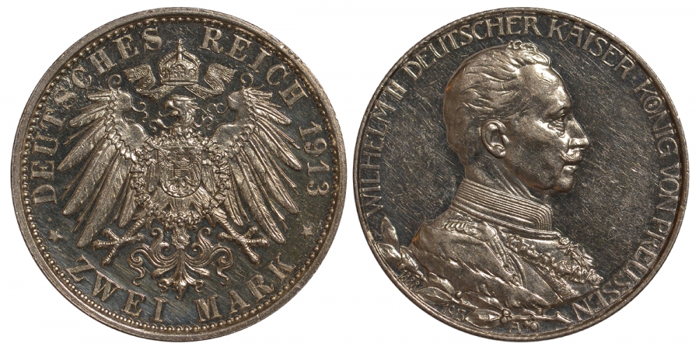 Пруссия 2 марки 1913 A, Вильгельм II (1888-1918), 25 лет правления (мундир) Weege 111, J. 111, KM 533 серебро PROOF 00-817-51