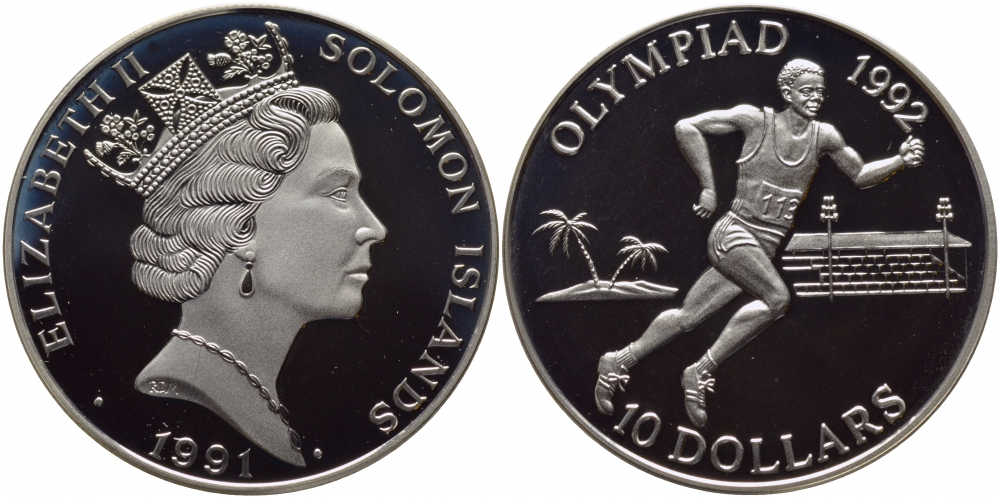 Соломоновы острова 10 долларов 1991 XXV Олимпийские игры 1992 года в Барселоне, бег KM 48 серебро PROOF 1077-2-43
