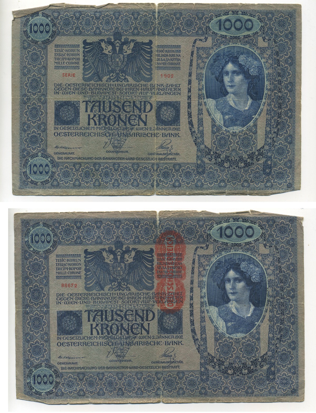 АВСТРИЯ 1000 КРОН 1919 КРАСНАЯ ВЕРТИКАЛЬНАЯ НАДПЕЧАТКА НА 1902 Pick 59 бумага 6294-29-2