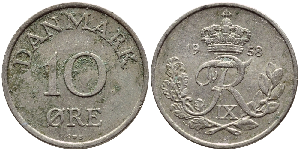 ДАНИЯ 10 ЭРЕ 1958 C; S, ФРЕДЕРИК IX (1947-1972) КМ 841.2 медно-никель 4398-924