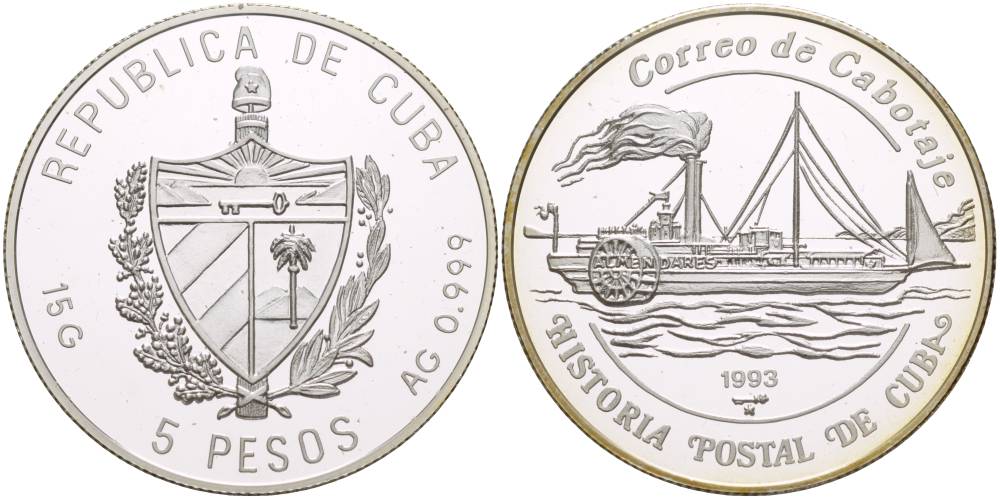 Куба 5 песо 1993 история почтовых пароходов Кубы, тонкие буквы и венок, "9" в дате с загнутым хвостиком KM 524.2 серебро  PROOF  1087-8-13