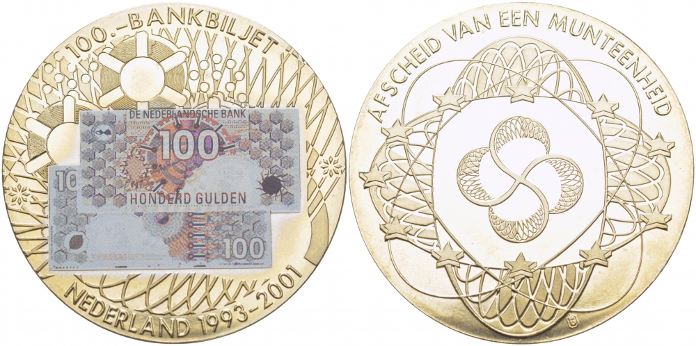 НИДЕРЛАНДЫ МЕДАЛЬ 2001 БАНКНОТА 100 ГУЛЬДЕНОВ, ЭМИСИЯ (1993-2001), ЦВЕТНАЯ ЭМАЛЬ СЕРЕБРЕНИЕ медно-никель PROOF 01-161-25