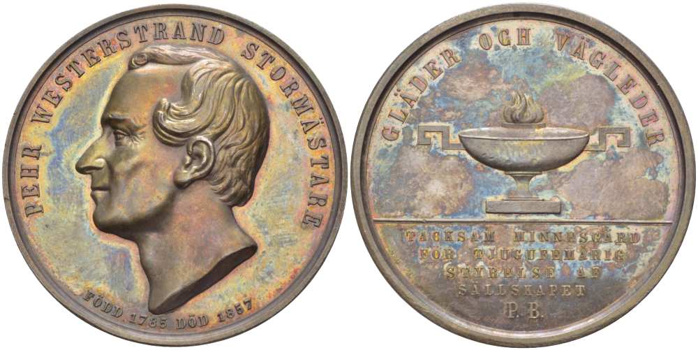 Швеция медаль ND в память Pehr Westerstrand (1785-1857) шведский писатель, диаметр 43,5 мм., вес 38,3 гр. Hy. II, s. 143; Hild. s. 354; Olsen s. 134. серебро UNC 1084-2-51