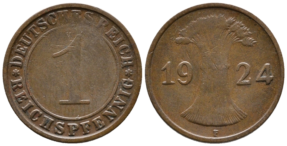 ГЕРМАНИЯ 1 РЕЙХСПФЕННИГ 1924 F KM 37, J. 313 бронза 39-854