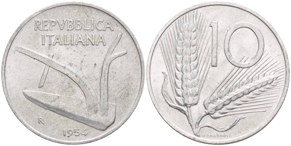 ИТАЛИЯ 10 ЛИР 1954 R, КОЛОСЬЯ, ПЛУГ KM 93 алюминий 4551-154
