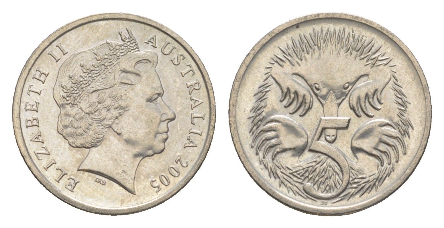 Австралия 5 центов 2005 Елизавета II (1952-2022), ехидна KM 401 медно-никель 4154-259