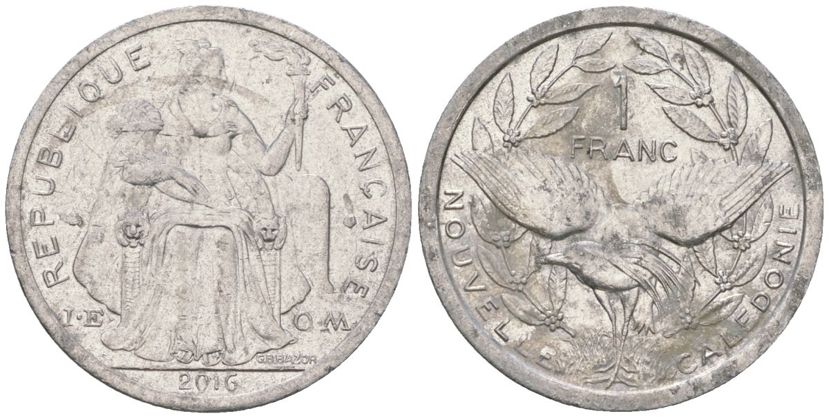 Французская Новая Каледония 1 франк 2016 птица кагу, (IEOM) KM 10, Schoen 10 алюминий 33-831