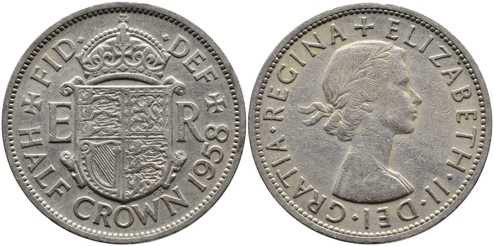 Великобритания 1/2 кроны 1958 Елизавета II (1952-2022) KM 907, Spink 4145 медно-никель 4389-511
