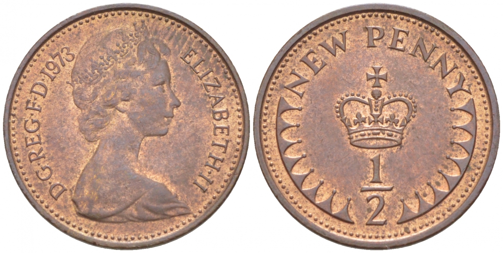 Великобритания 1/2 пенни 1973 Елизавета II (1952-2022) KM 914, Spink 4239 бронза 112-658