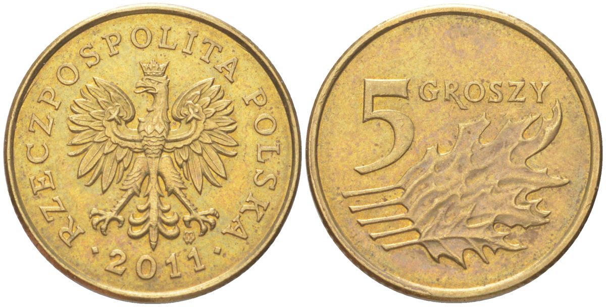 Польша 5 грошей 2011 Y 278 марганец латунь UNC 4614-267