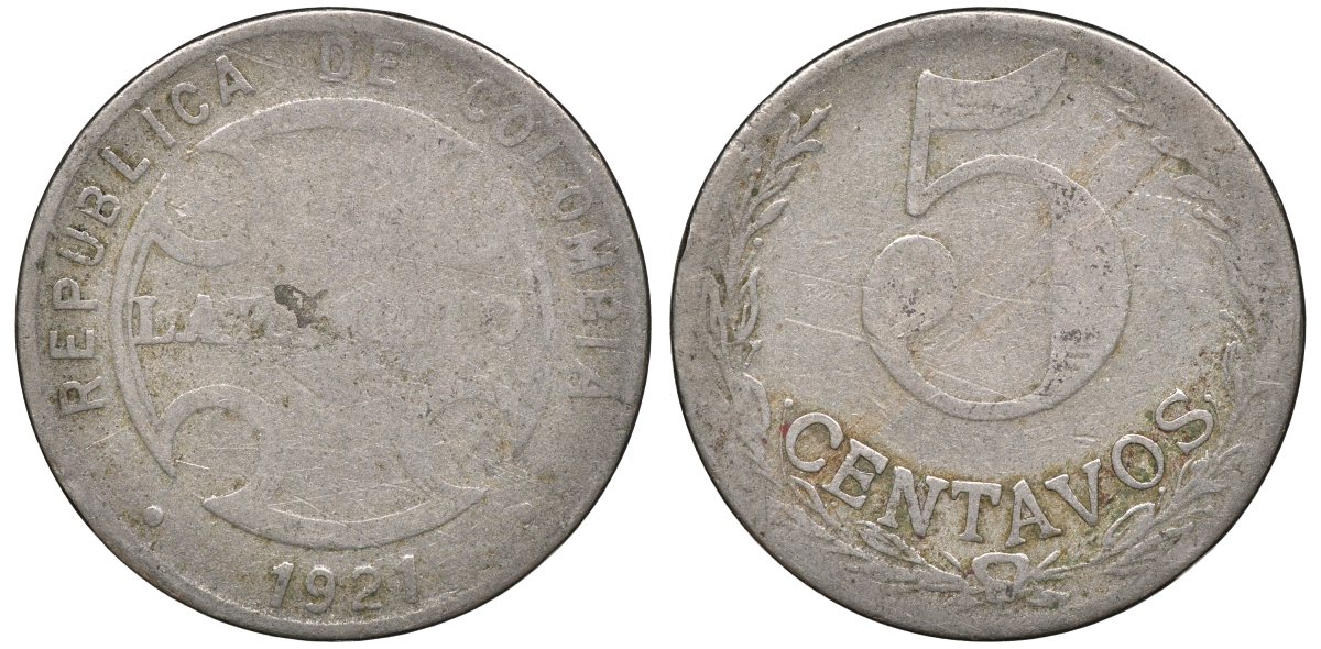 Колумбия 5 сентаво 1921 государственный лепрозорий KM L11 медно-никель 53-1036