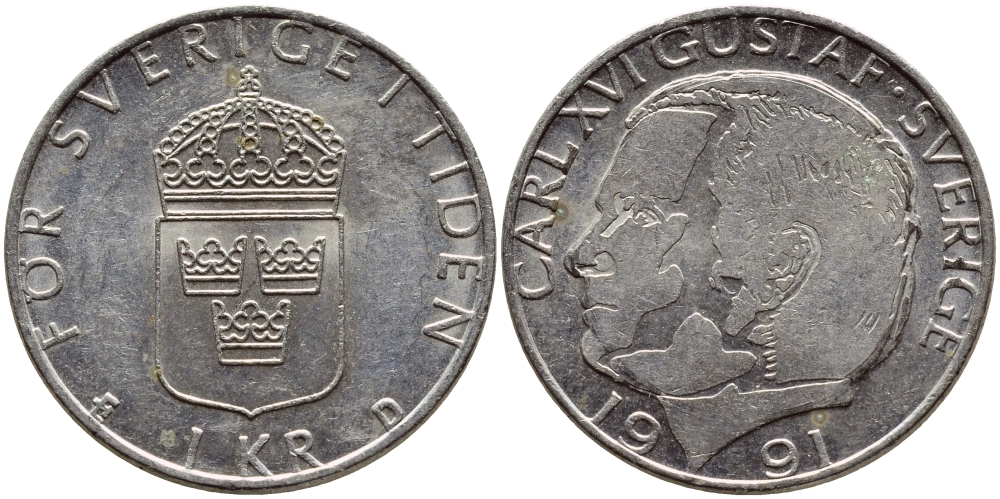 Швеция 1 крона 1991 Карл XVI Густав (1973- ) KM 852a медно-никель 4384-217