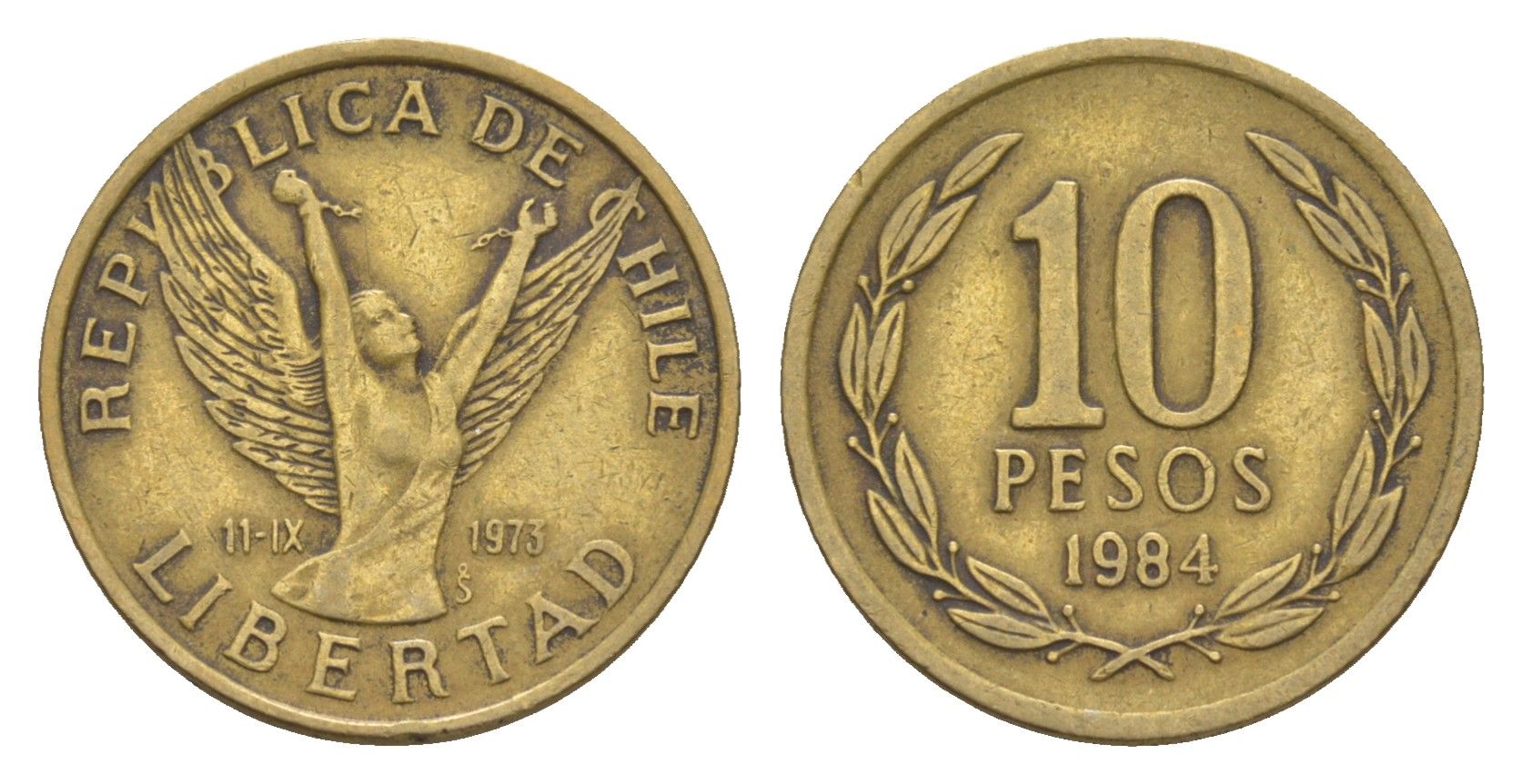 Чили 10 песо 1984 KM 218 латунь 4655-919