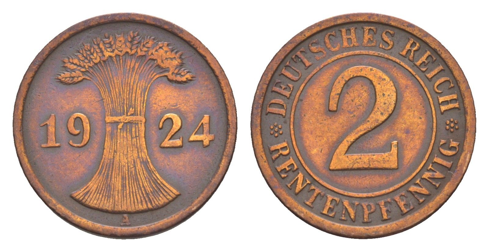 Германия 2 рентенпфеннига 1924 A KM 31, J. 307 бронза 4164-1139