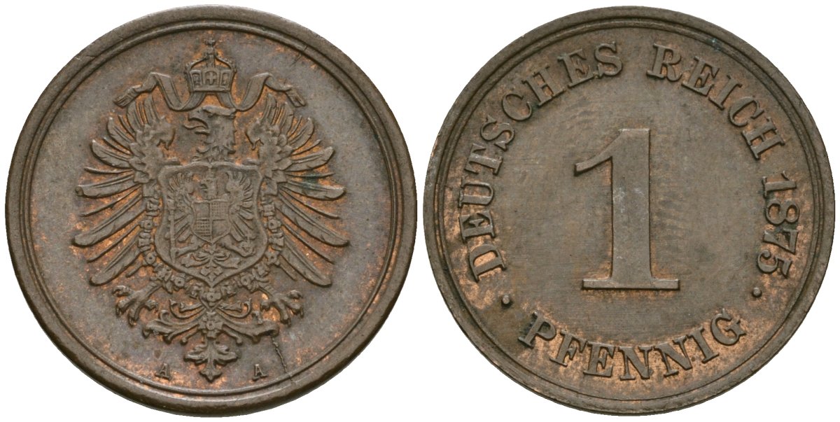Германия 1 пфенниг 1875 A, Вильгельм I (1871-1888) KM 1, J. 1 медь 4602-824