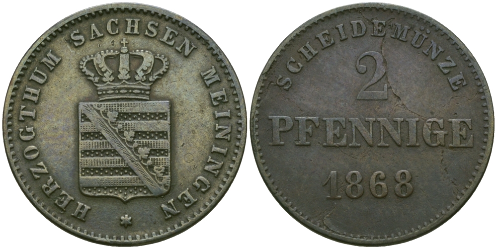 Саксен-Мейнинген 2 пфеннига 1868 Георг II (1866-1914) KM 174 медь 99-661