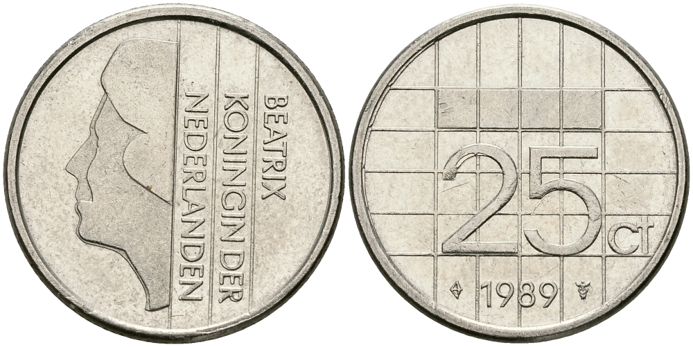 НИДЕРЛАНДЫ 25 ЦЕНТОВ 1989 БЕАТРИКС KM 204 никель 96-321