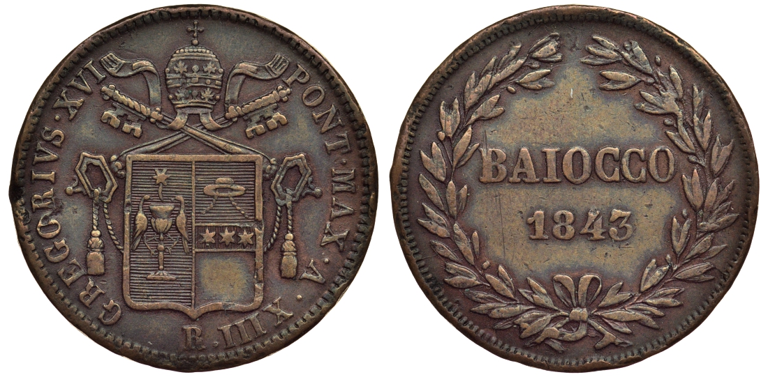 Ватикан 1 байоччо 1843 A.XIII. R медь 1521-243