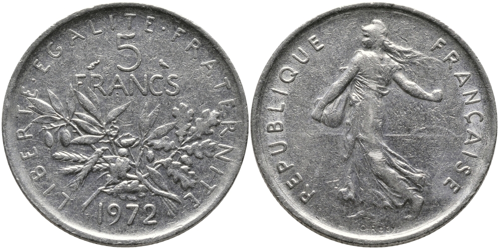 ФРАНЦИЯ 5 ФРАНКОВ 1972 СЕЯТЕЛЬ KM 926a.1, LE FRANC 341.4 медно-никель плакированный никелем 97-823