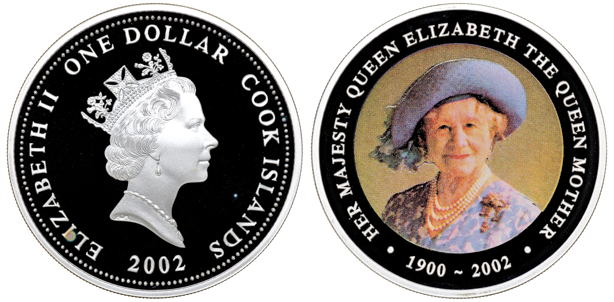 Острова Кука 1 доллар 2002 королева-мать, в оригинальной коробке, сертификат KM 437 серебро PROOF 2-4-2-09