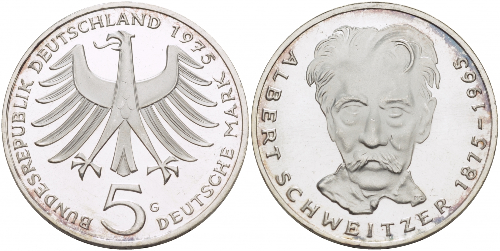 ФРГ 5 марок 1975 G, 100 лет со дня рождения Альберта Швейцара KM 143, J.418 серебро PROOF 650-1331