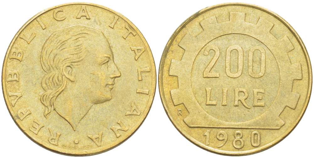 Италия 200 лир 1980 R, шестерня KM 105 алюминиевая бронза 4523-827