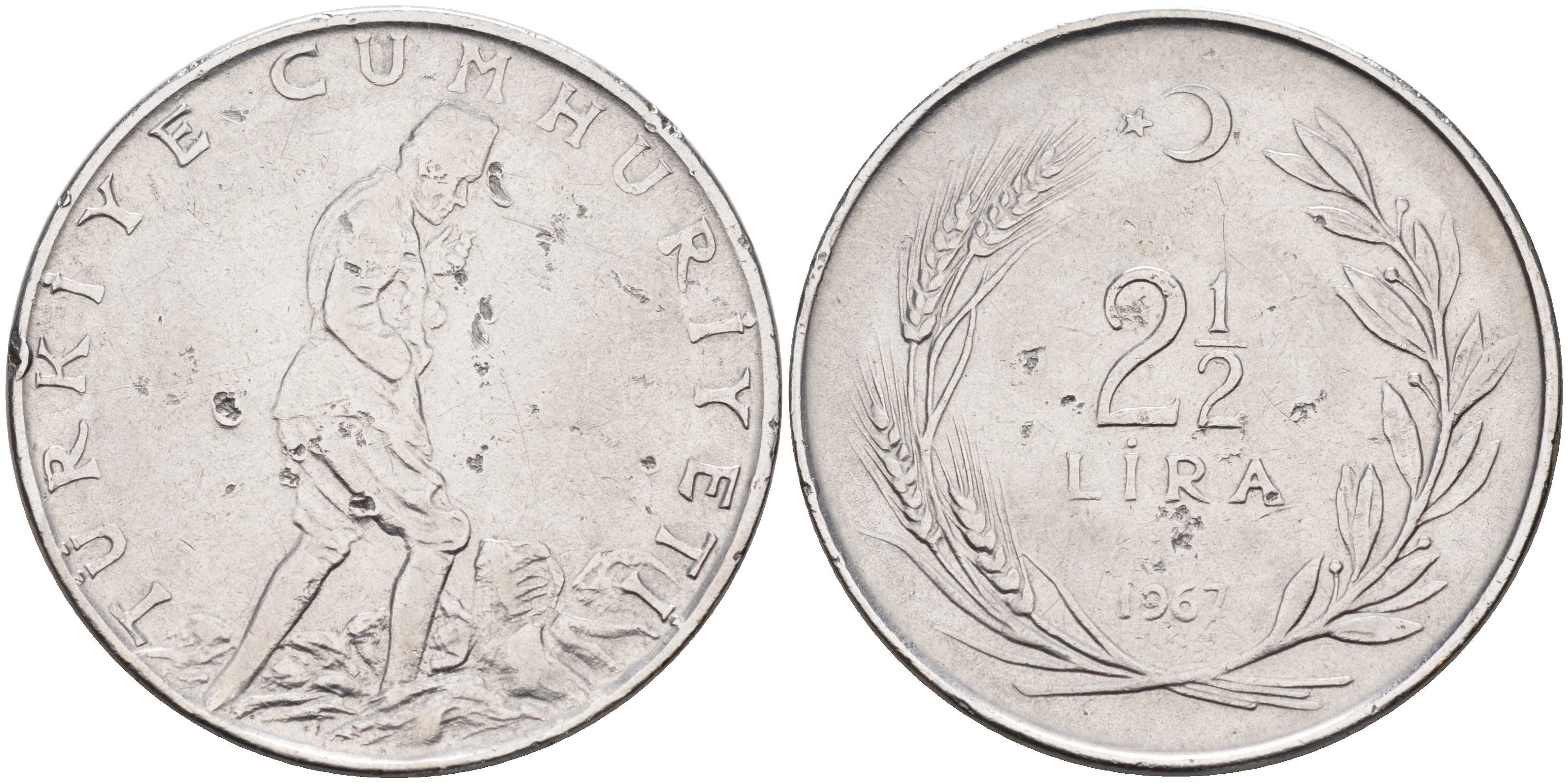 Турция 2-1/2 лиры 1967  KM 893.1 сталь 4117-213