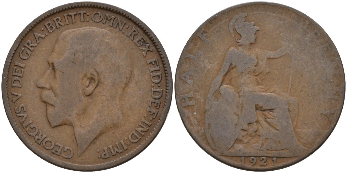 Великобритания 1/2 пенни 1921 Георг V (1910 - 1936) KM 809, Spink 4056 бронза 4146-142