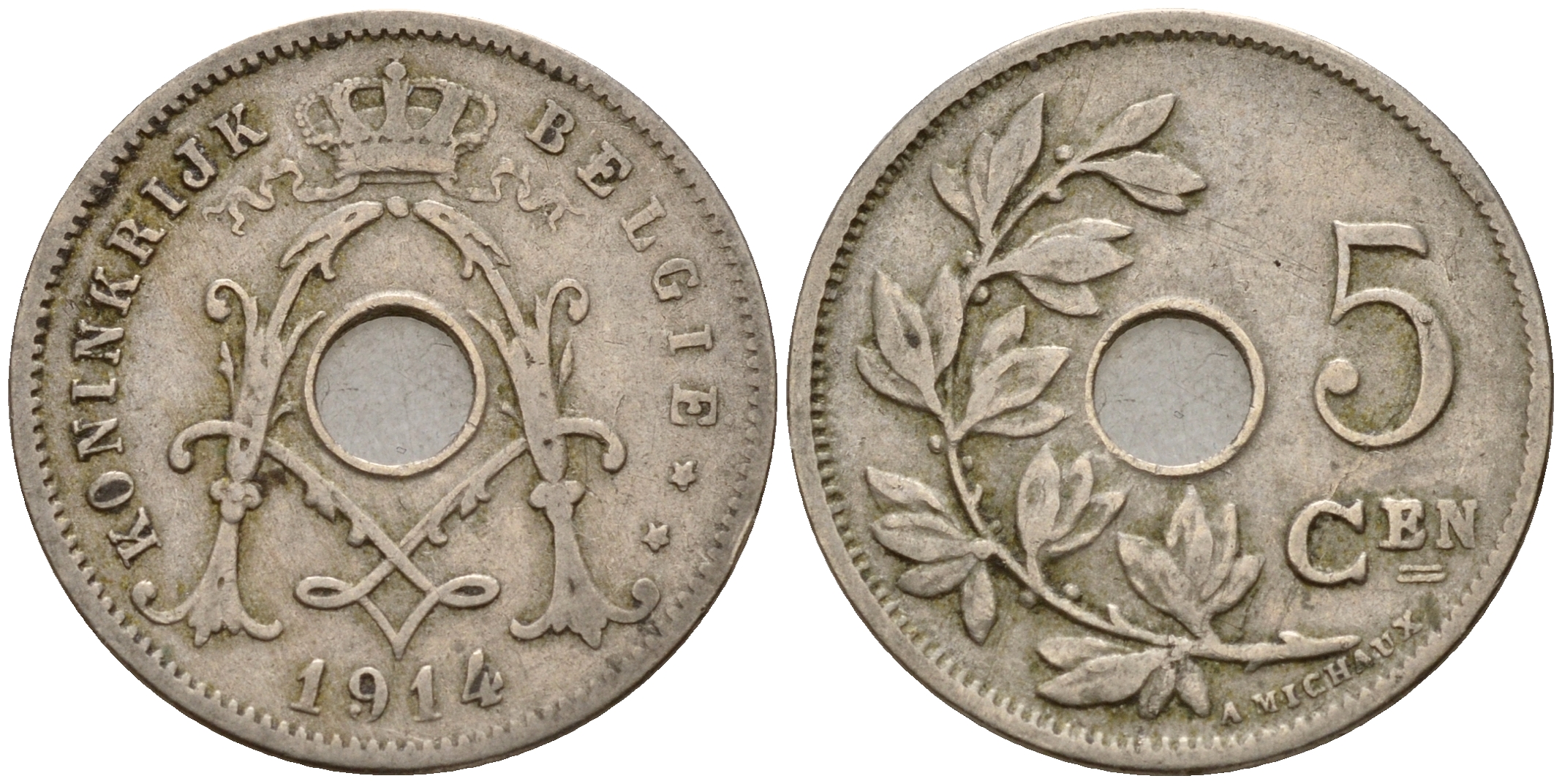 Бельгия 5 сантимов 1914 Belgen KM 67 медно-никель    4598-853