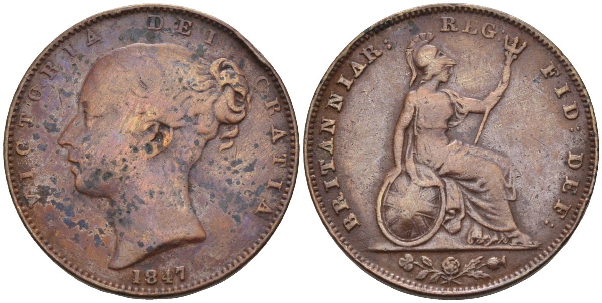 Великобритания 1 фартинг 1847 Виктория (1837-1901) KM 725, Spink 3950 медь 4126-713
