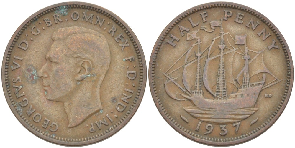 Великобритания 1/2 пенни 1937 Георг VI (1936-1952) KM 844, Spink 4115 бронза 4514-1243