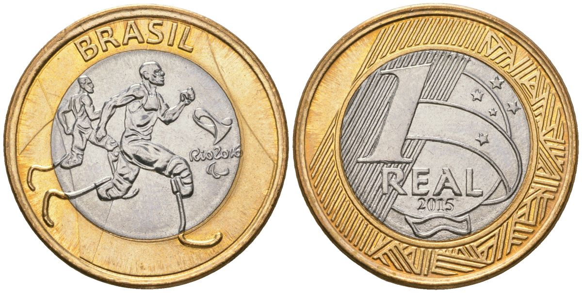 Бразилия 1 реал 2015 XV летние Паралимпийские игры, Рио-де-Жанейро 2016 - Паралимпийская атлетика KM 710 биметалл UNC 4140-145