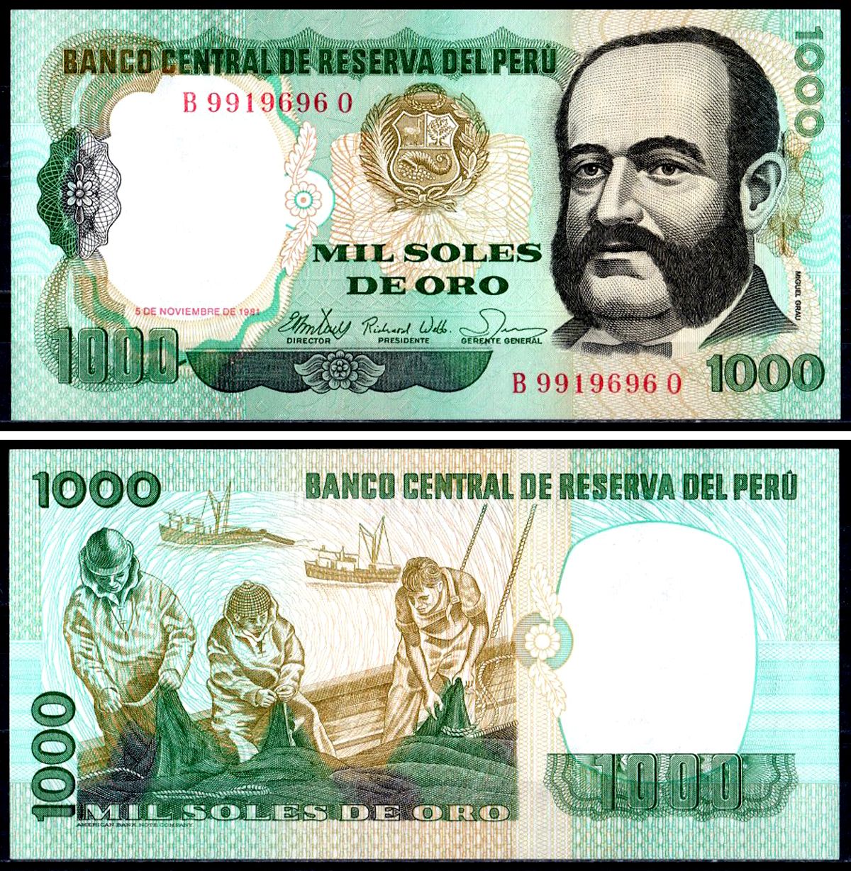 Перу 1000 солей 1981 Мигель Грау, рыбаки Pick 122 бумага UNC (пресс) 402-48-3-2