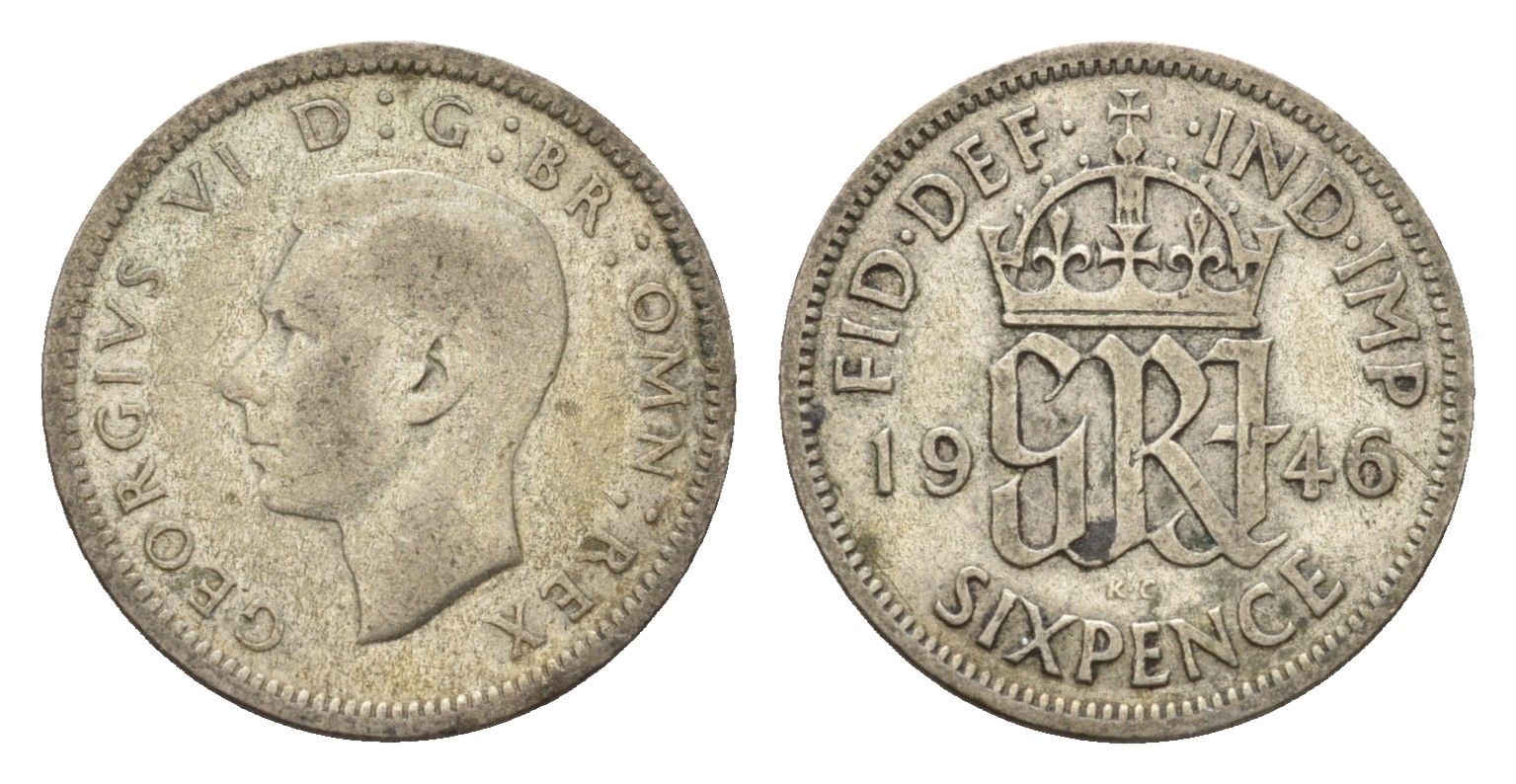 Великобритания 6 пенсов 1946 Георг VI (1936-1952) KM 852, Spink 4042 серебро 99-367