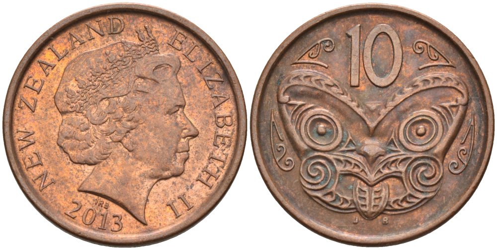 Новая Зеландия 10 центов 2013 маска Маори, Елизавета II (1952-) KM 117а сталь плакированная медью 67-1227