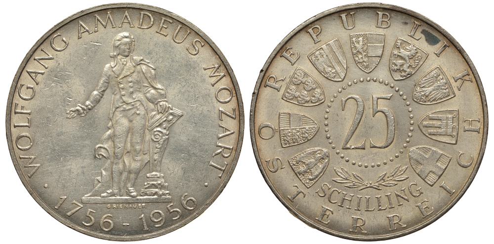 Австрия 25 шиллингов 1956 200 лет со дня рождения Моцарта KM 2881 серебро aUNC 1520-213