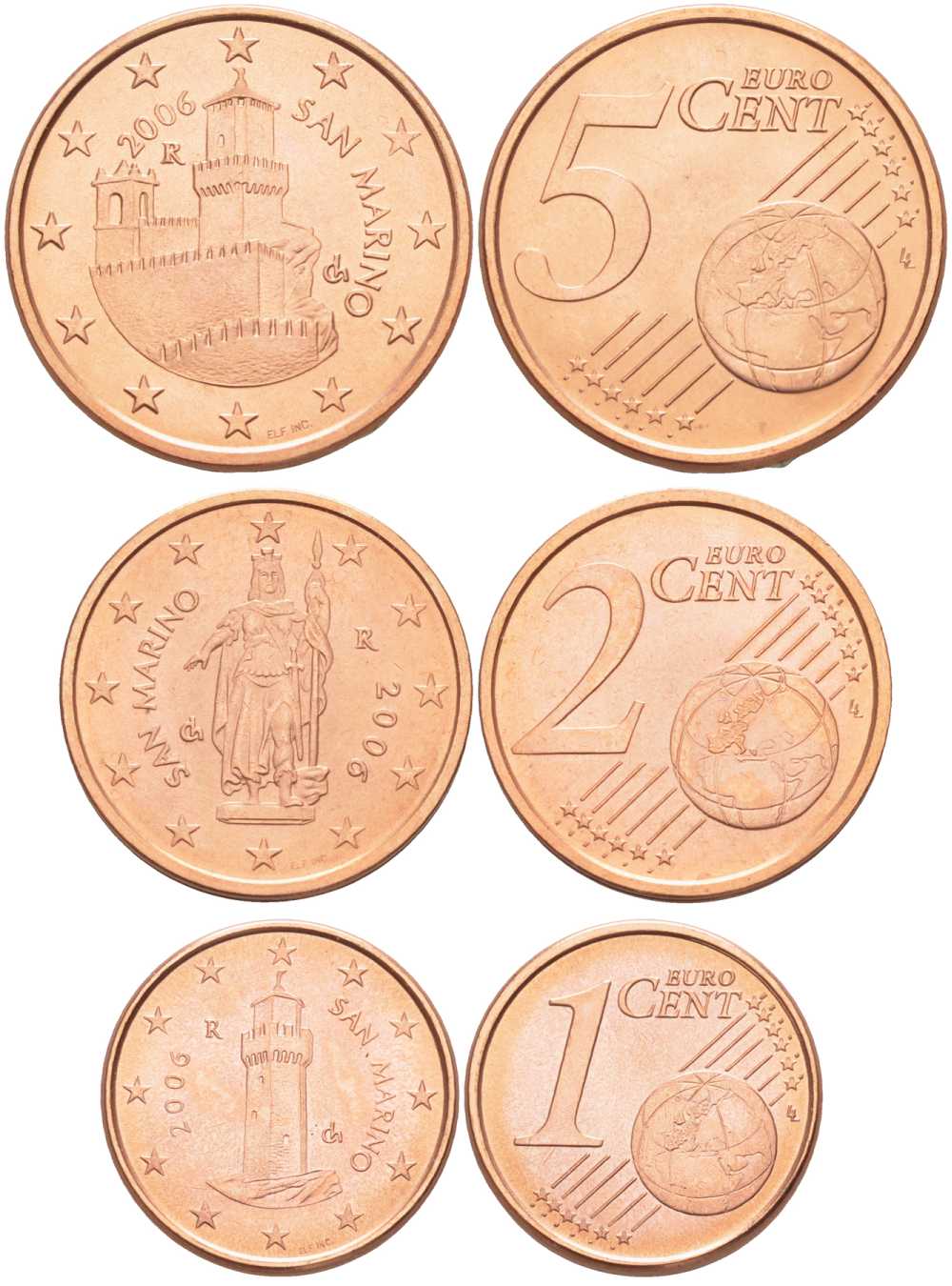 Сан-Марино лот из 3 монет 2006 1,2 и 5 евроцентов сталь плакированная медью UNC N4-68