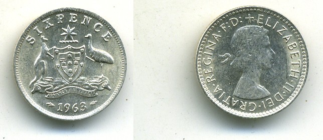 АВСТРАЛИЯ 6 ПЕНСОВ 1963 KM 58 серебро 7-5-26-21