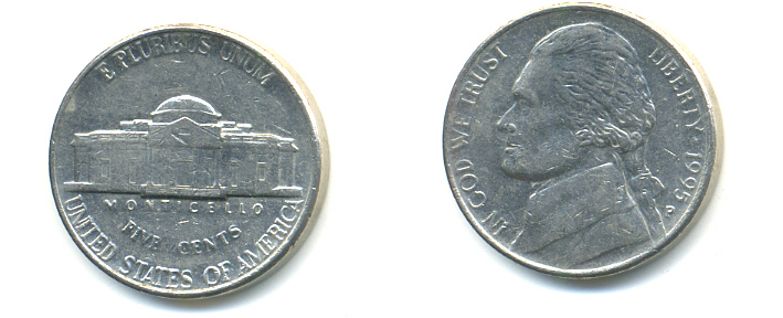 США 5 ЦЕНТОВ 1995 P, ДЖЕФФЕРСОН KM А192 медно-никель 86-626