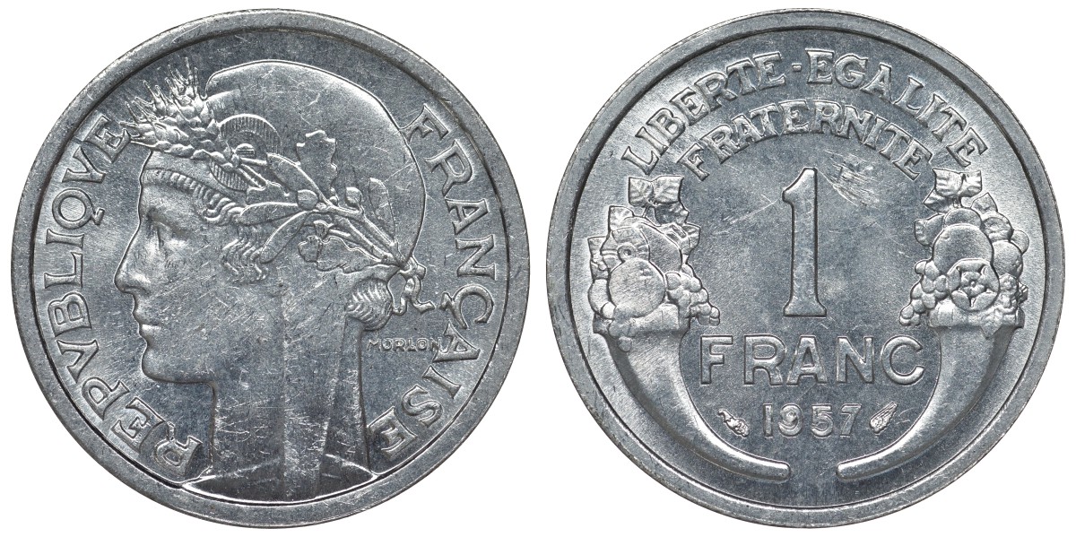 Франция 1 франк 1957 тип Morlon KM 885а.1, Le Franc 221.19 алюминий 4128-333