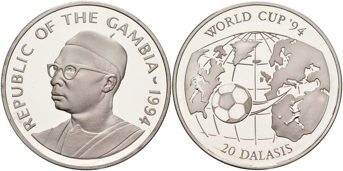 Гамбия 20 даласи 1994 чемпионат мира по футболу 1994 года в США, тираж 35000 экз. KM 15 серебро PROOF 1098-2-24