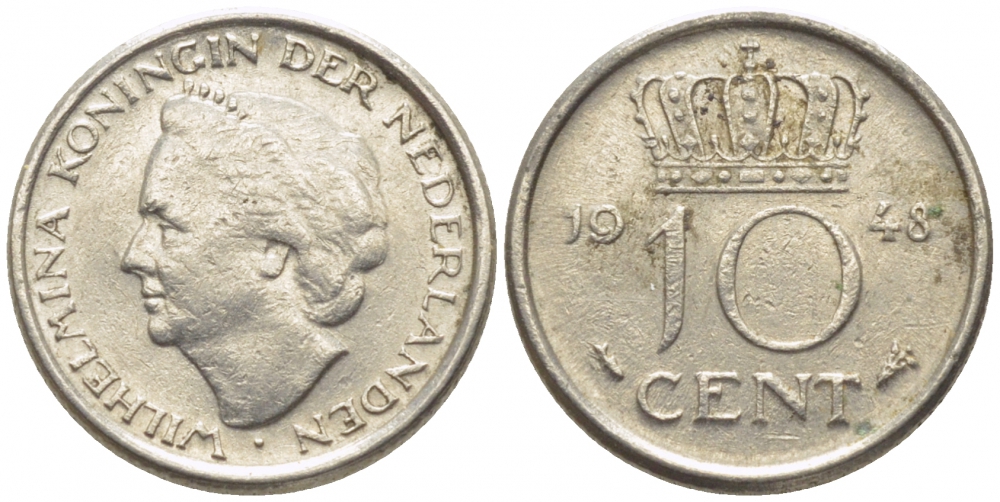Нидерланды 10 центов 1948 Вильгельмина (1895-1948) KM 177 никель 112-219