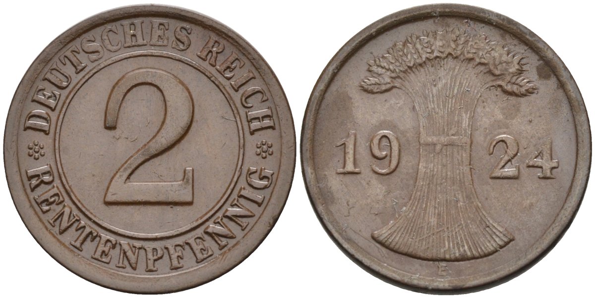Германия 2 рентенпфеннига 1924 E KM 31, J.307, Weege 3 медь 4584-622