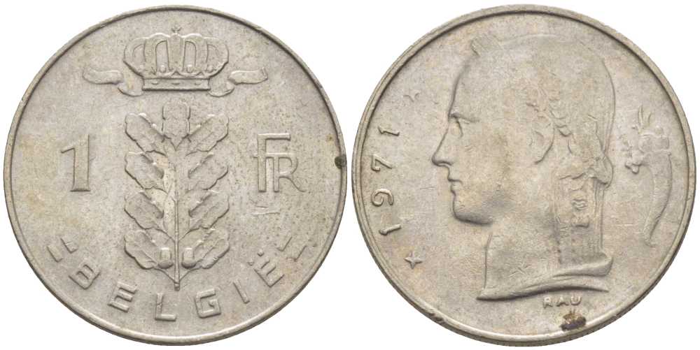 Бельгия 1 франк 1971 Belgie, Бодуэн I (1951-1993) KM 143.1 медно-никель 119-625
