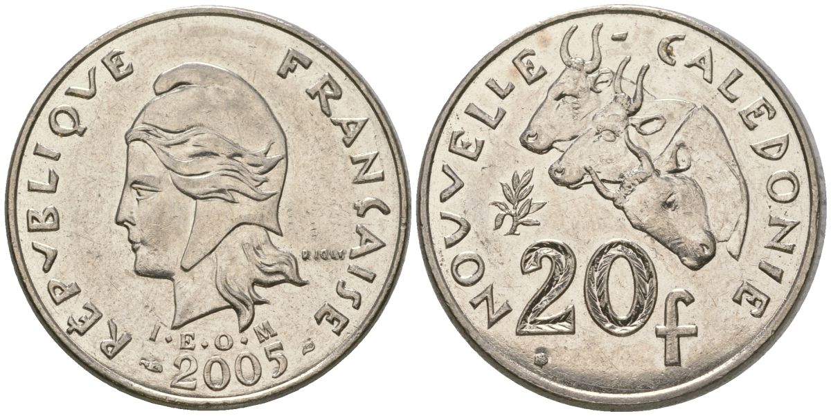 Французская Новая Каледония 20 франков 2005 три быка, (IEOM) KM 12, Schoen 14, Lec 15i никель 4131-732