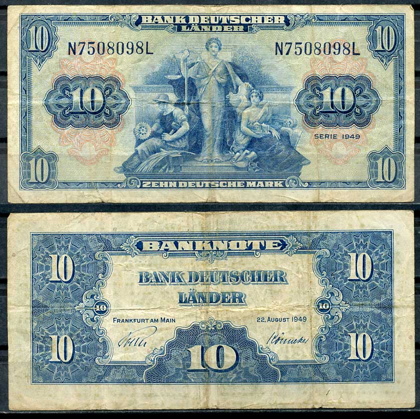 ФРГ 10 марок 1949 22 августа 1949, Франкфурт-на-Майне Pick 16 a, Розенберг 258 бумага 444-1-2-2