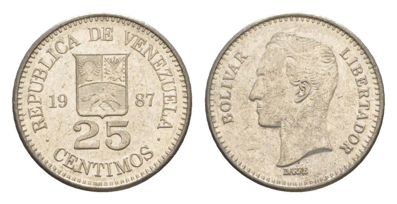 Венесуэла 25 сентимо 1987 Симон Боливар Y 50.2 никель 4580-565