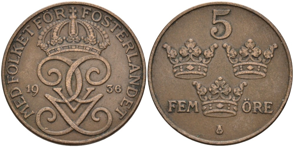 Швеция 5 эре 1936 Густав V (1907-1950), short 6 KM 779.2 бронза 4557-632